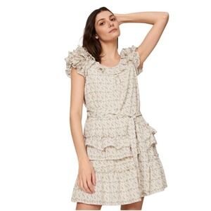 Marissa Webb Collective Floral Ruffle Dress Belted Beige‎ Size 12